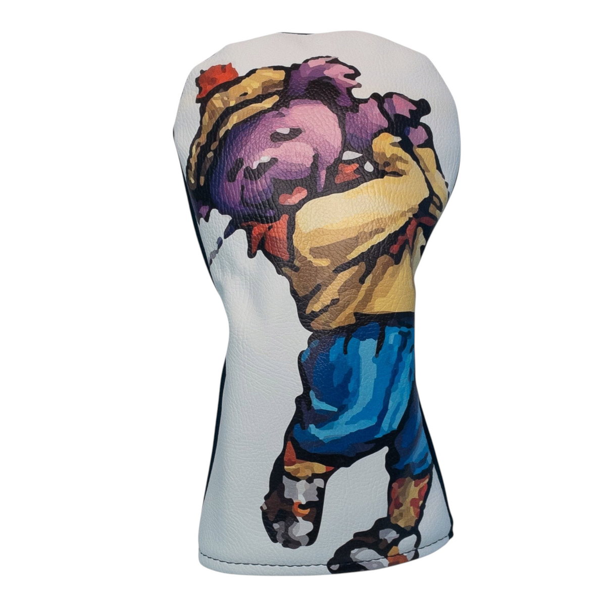 The Birdie Workshop faux leather golf club cover featuring a colorful sublimated print of a bear golfing.