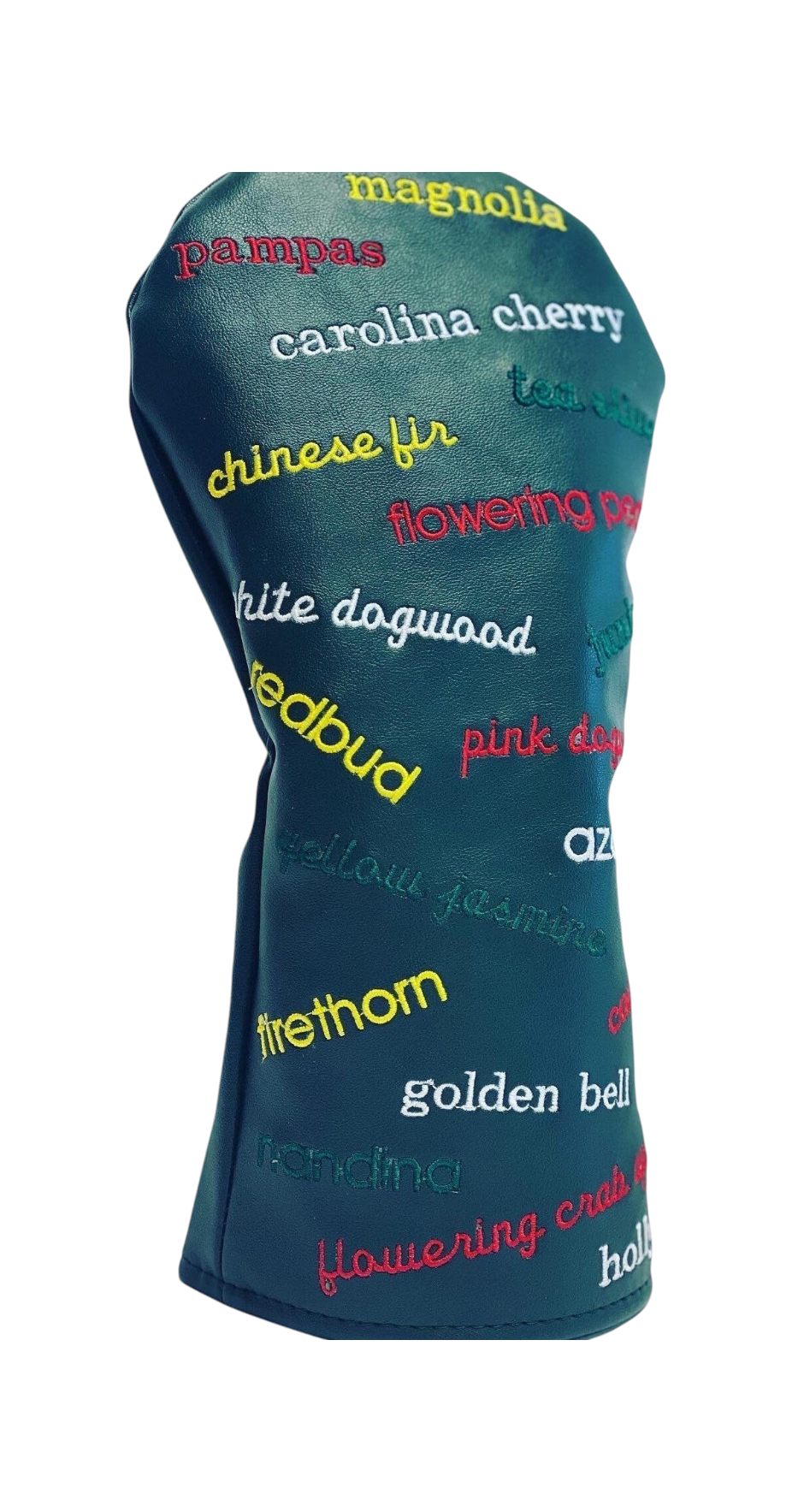The Birdie Workshop limited edition golf driver cover in dark green with colorful embroidered Masters hole names.