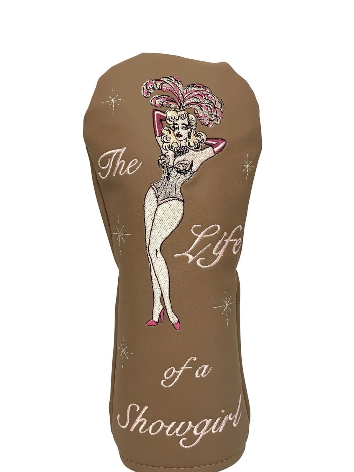 The Birdie Workshop tan synthetic leather golf club headcover with embroidered showgirl and star accents.