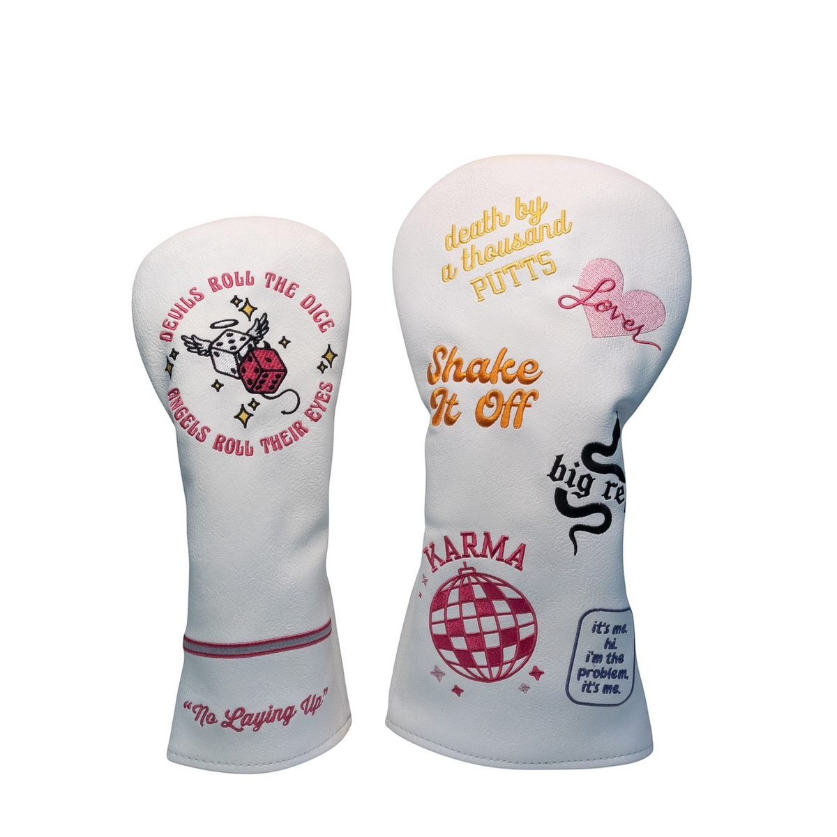 The Birdie Workshop white golf club covers featuring embroidered dice, disco ball, and song lyric designs.