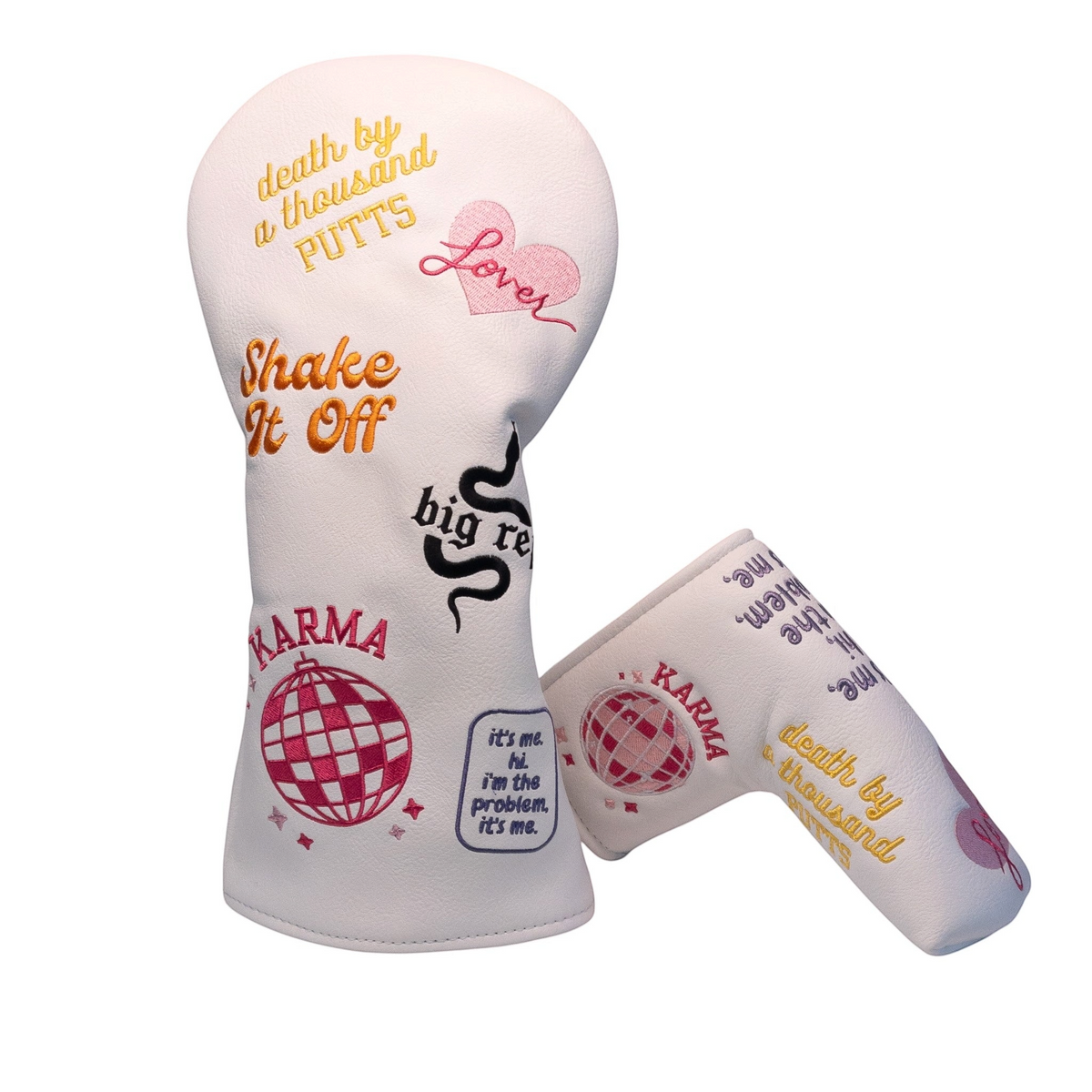 The Birdie Workshop TS OG Driver and putter cover set in white with colourful embroidered music-themed graphics.