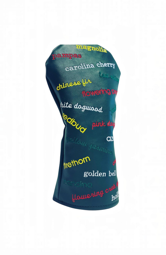 The Birdie Workshop limited edition green leather golf driver cover with colorful embroidered Masters hole names
