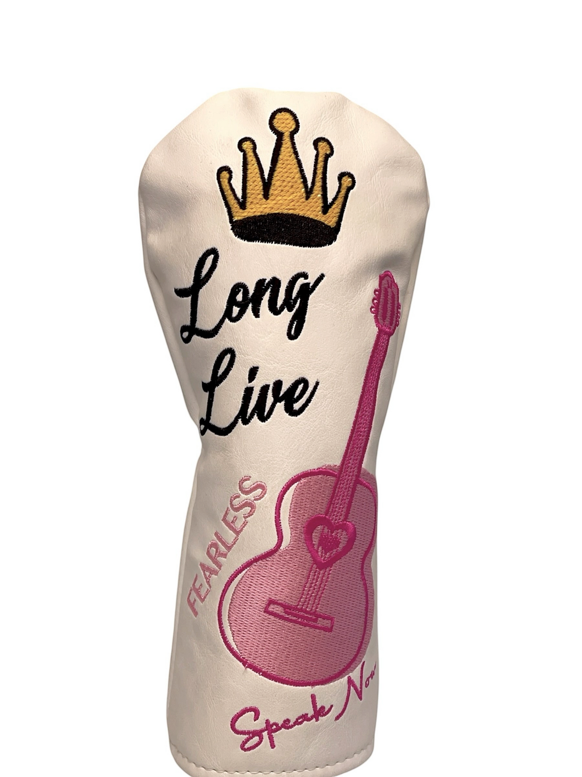 The Birdie Workshop off-white synthetic leather golf driver headcover with pink guitar and crown embroidery