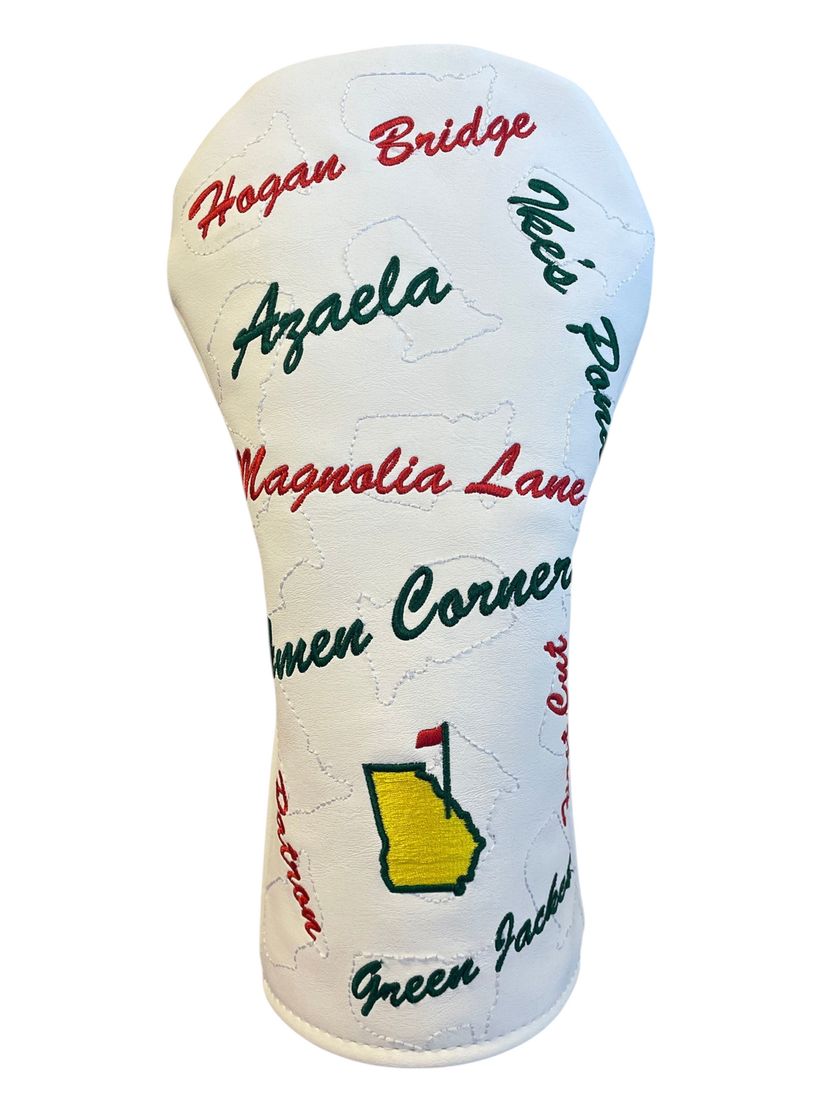 The Birdie Workshop white faux leather golf driver cover with embroidered Masters-inspired tournament sayings