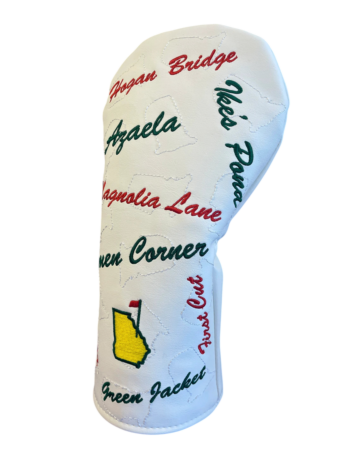 The Birdie Workshop white faux leather golf driver cover with embroidered Masters tournament inspired text and icons.