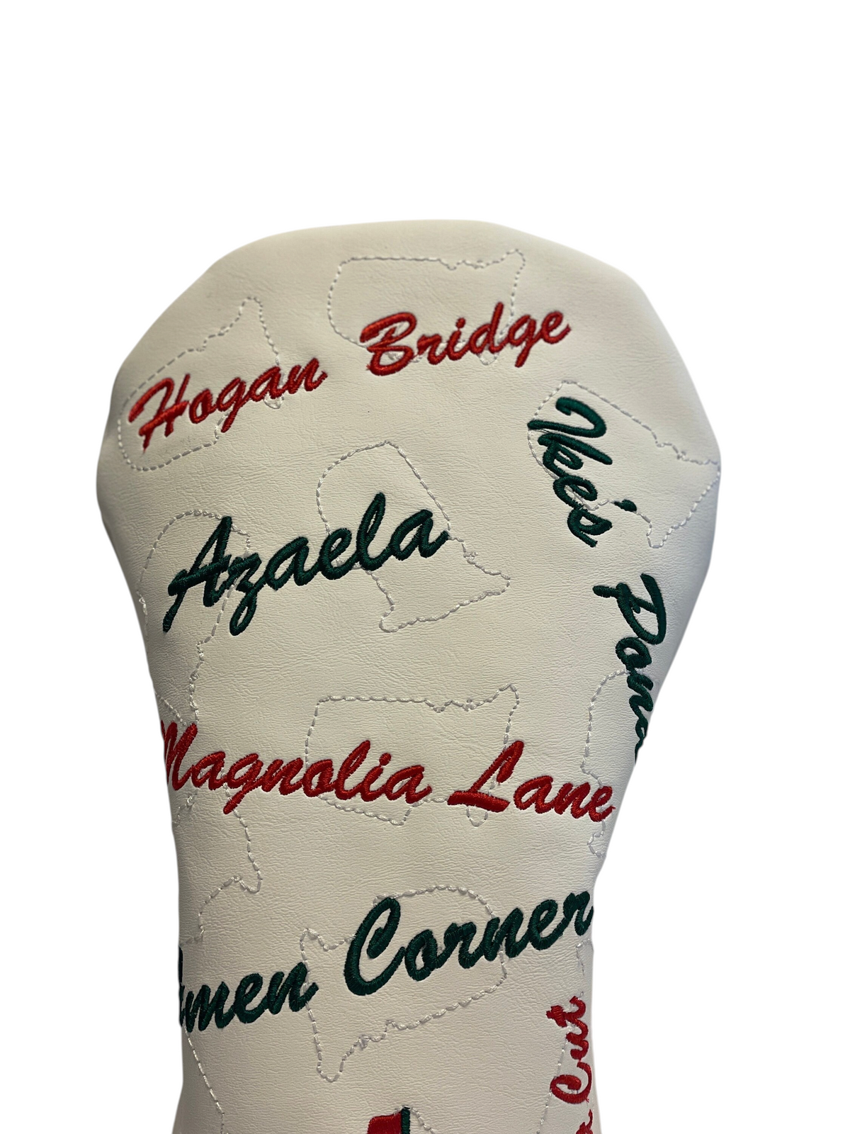 The Birdie Workshop white faux leather golf driver cover with embroidered Masters-inspired tournament text